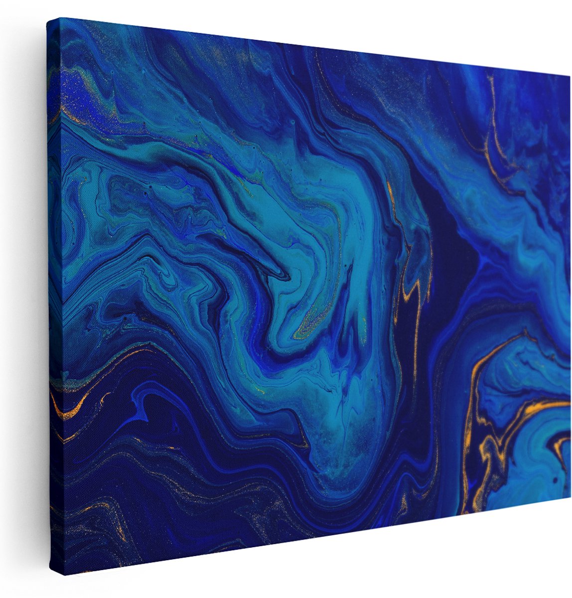 Artaza Canvas Schilderij Abstracte Kunst - Blauw met Gouden Verf - 160x120 cm - Groot - Wanddecoratie Woonkamer - Schilderijen - Muurdecoratie