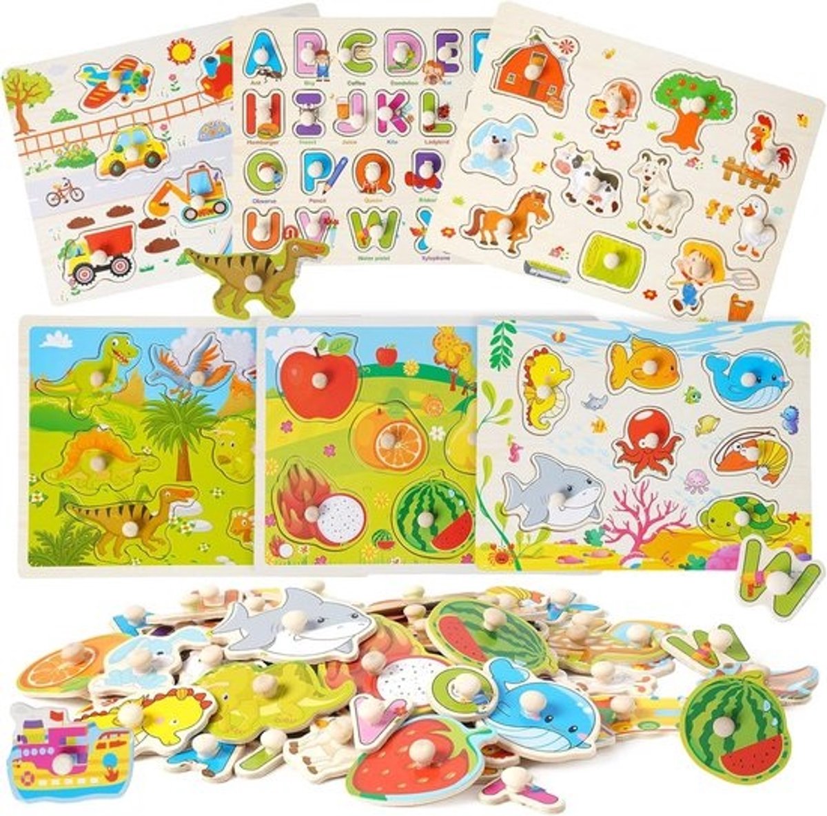 Houten Puzzels voor Kinderen - Educatief Speelgoed met Diverse Thema's zoals Boerderij, Verkeersvoertuigen, Alfabet, Insecten, Zeedieren en Dinosaurussen - Perfect als Cadeau voor Jongens en Meisjes van 1 tot 4 Jaar