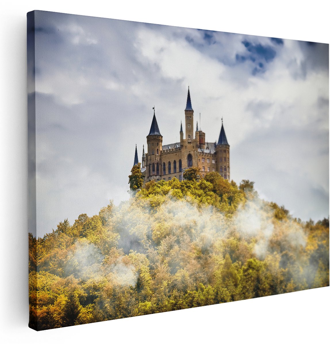Artaza Canvas Schilderij Kasteel op de Berg in het Bos - 160x120 cm - Groot - Wanddecoratie Woonkamer - Schilderijen - Muurdecoratie