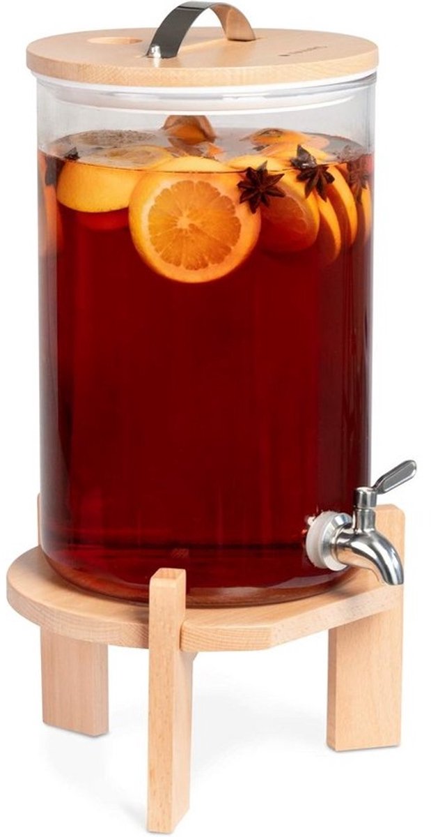 Glazen Drankdispenser met Houten Standaard - 7 Liter Drankkan voor Feestjes en Warme/Koude Dranken