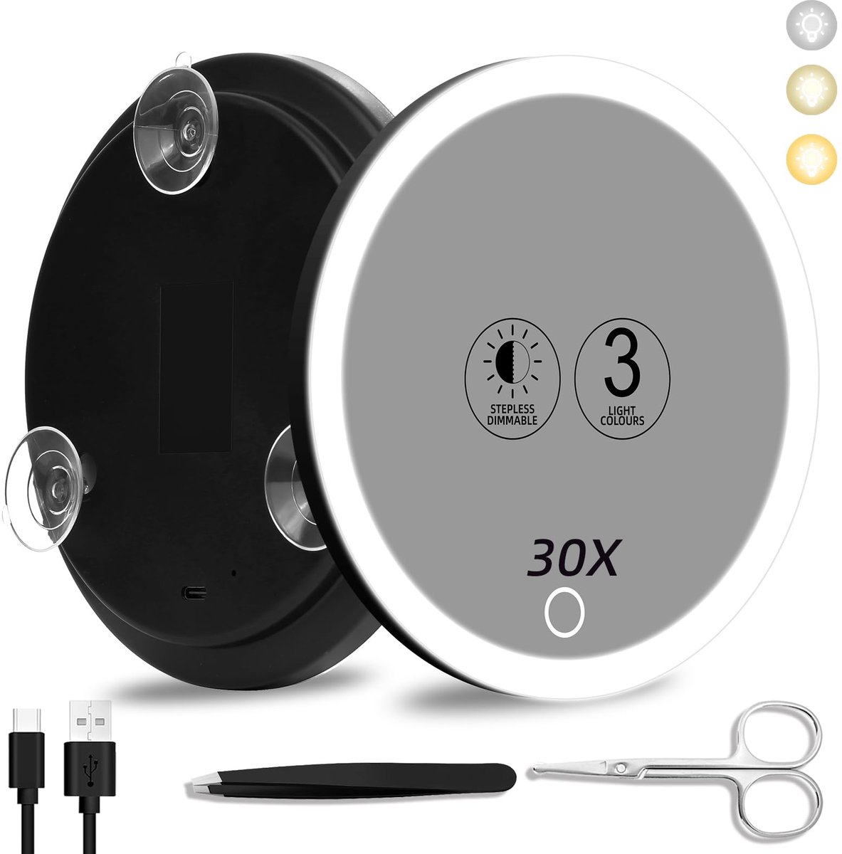 Vergrotende Make-up Spiegel - 30x Vergroting - Met Dimbare Verlichting in 3 Kleuren - Met 3 Zuignappen - Voor Reizen - Inclusief Pincet en Schaar - Ø 15 cm