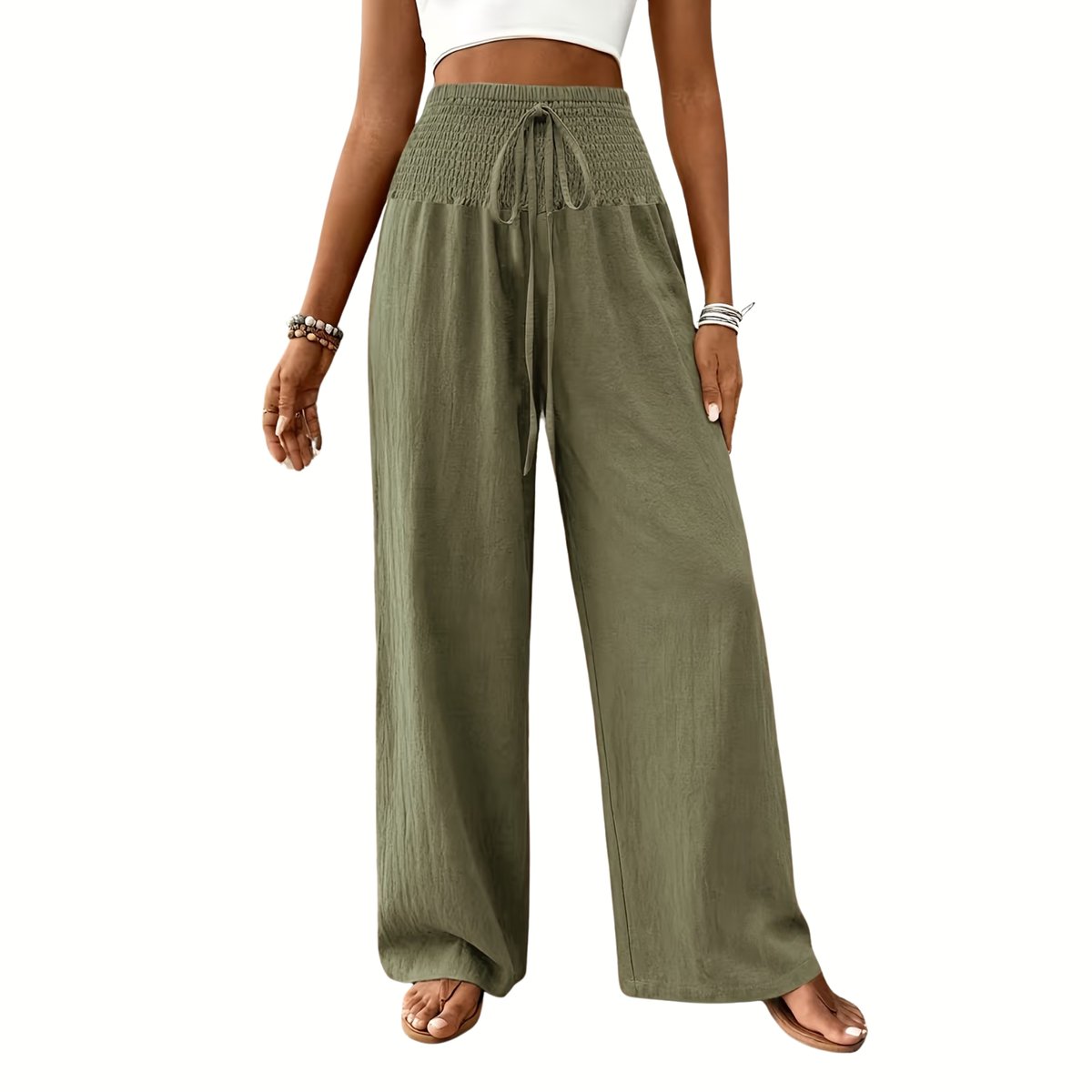 Currero Linnen Broek Dames Zomerbroek Volwassenen Lange Broek Pantalon Strandbroek Zomer Ibiza Stijl Olijfgroen