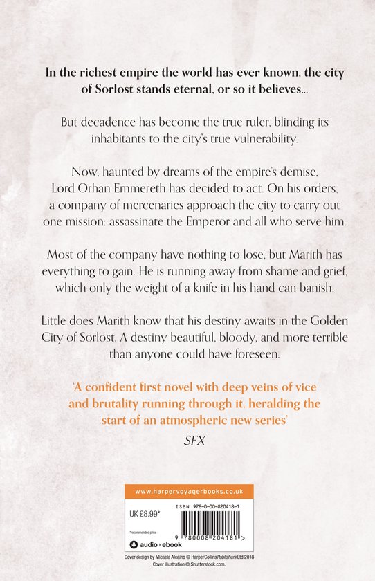 Achterkant van het boek 'The Court of Broken Knives' met tekst en ISBN.