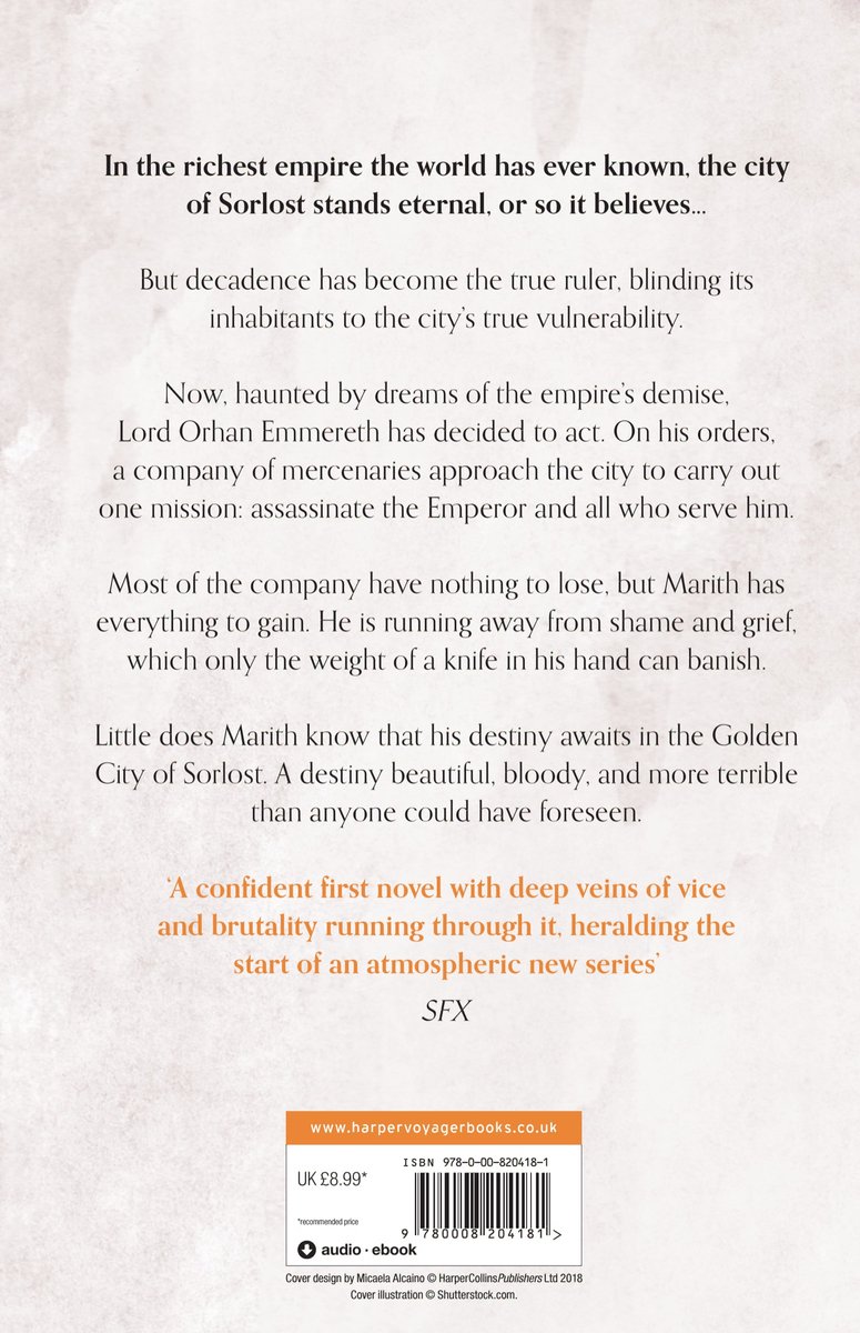 Achterkant van het boek 'The Court of Broken Knives' met tekst en ISBN.