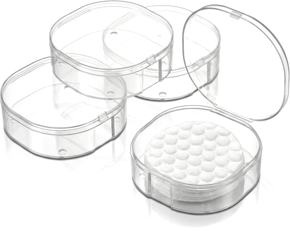 Dailygoods- Wattenschijfhouder Compact - Opbergdoos - Katoenen Pads Organizer - Transparant - 4 Stuks - 7x7x2,3 cm