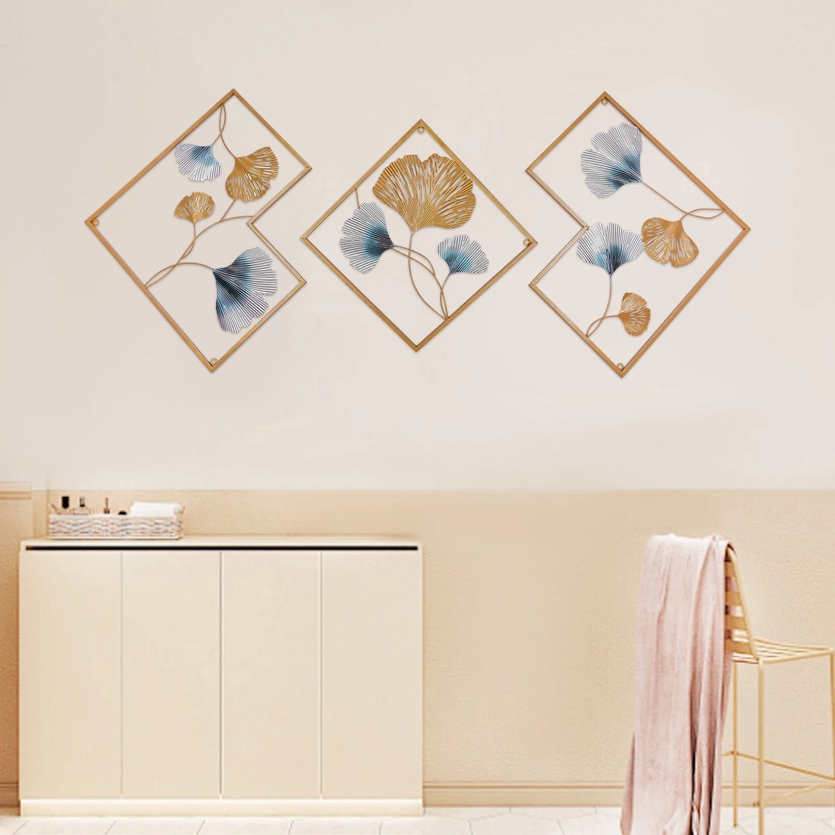 Dailygoods 3 stuks Ginkgo blad ijzeren sculptuur, luxe gouden verf, 3D ontwerp, metalen wandkunst, metalen wanddecoratie