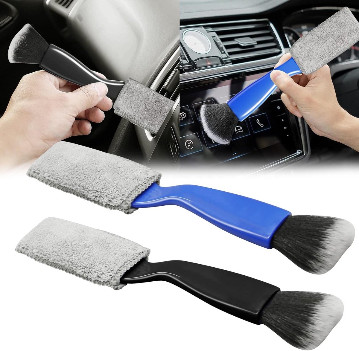 2-Pack dubbele kop auto schoonmaakborstel voor interieur, dashboard en ventilatieroosters 
