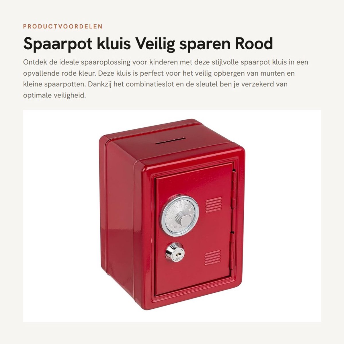 Dailygoods- Spaarpot Kluis - Rood Gelakt Metaal - Combinatieslot/Sleutel - Uittrekbare Muntenlade - Inwerpopening Boven - Afmetingen 16 x 11,5 x 10 cm