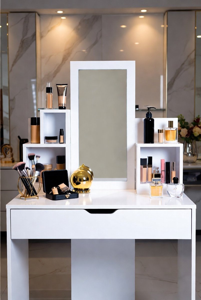 Luxe Kaptafel met Spiegel en Opbergruimte – Moderne Make-uptafel met Lade en 4 Opbergplanken – Witte Schminktafel voor Slaapkamer, Kleedkamer en Beauty Corner – 85 x 141 x 40 cm-Medahomestore