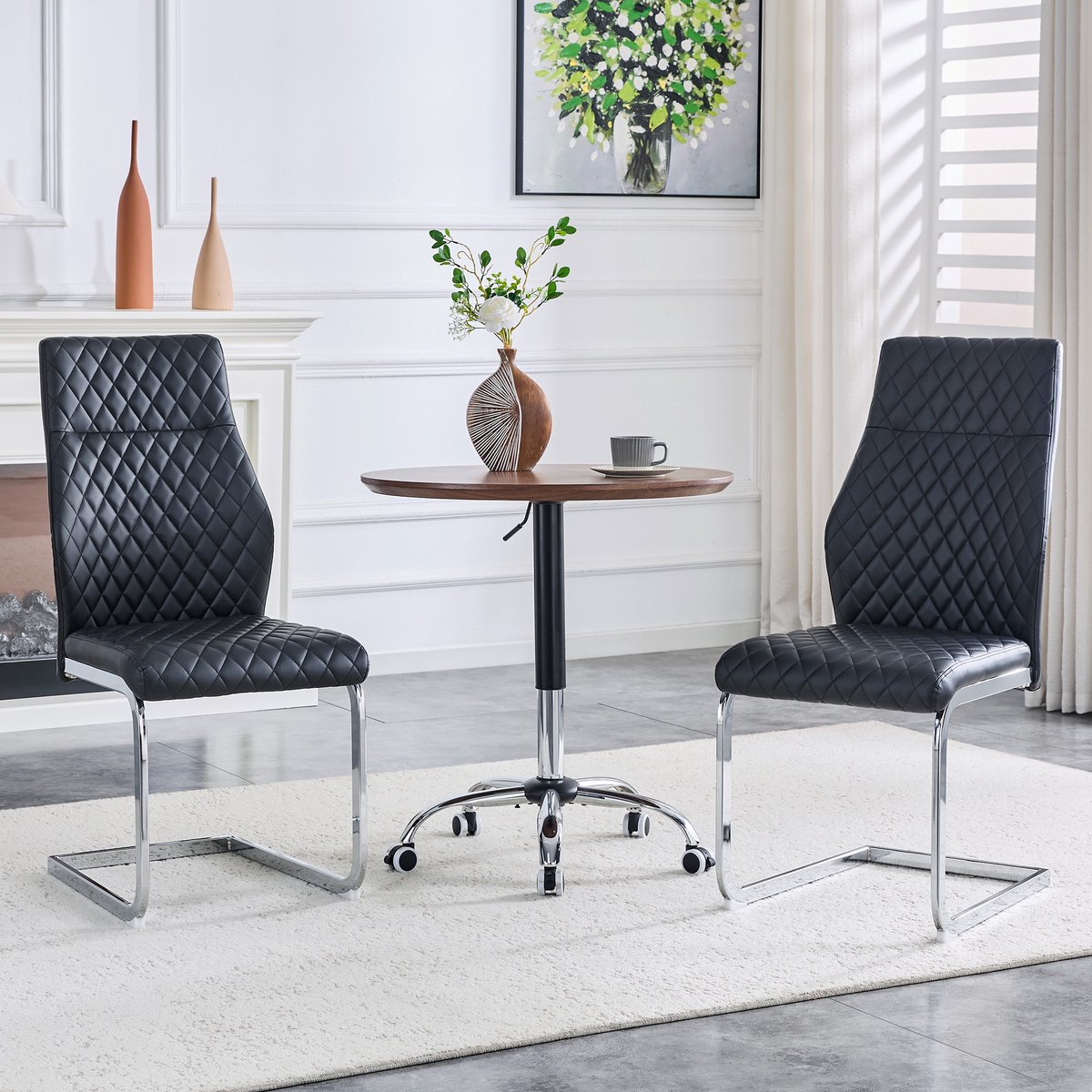 Eetkamerstoelen - Set Van 2 - Gestoffeerde eetkamerstoel - Eettafelstoel - Eetkamerstoelen - Met hoge rugleuning - PU - Antislip - Metalen stoelpoten - Modern Design - Zwart, zilver
