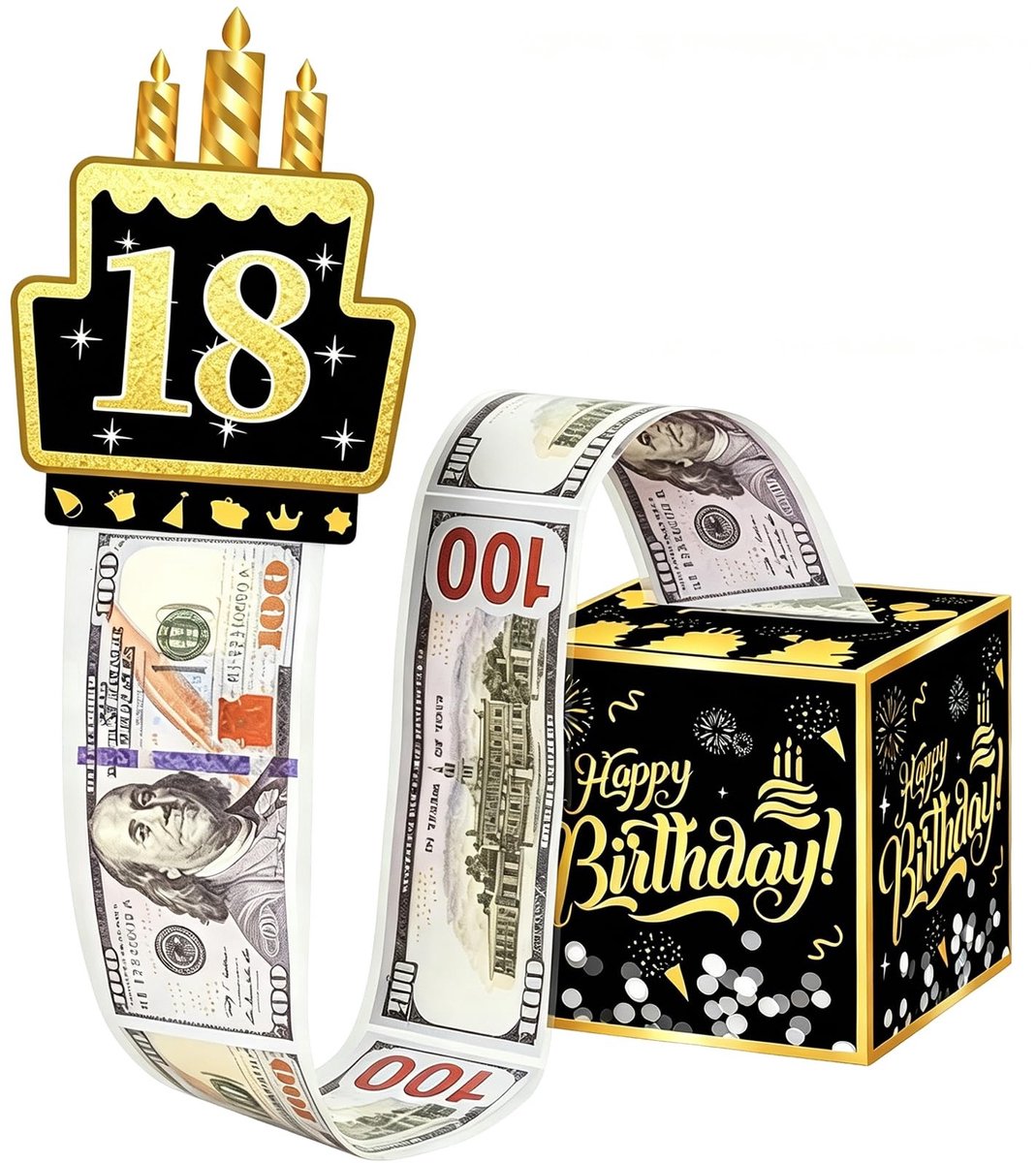 Dailygoods- Cadeauverpakking Verjaardag - Gelddoos - Verrassingsdoos - Happy Birthday - Cijferopzetstuk 18 - Zwart/goud Design