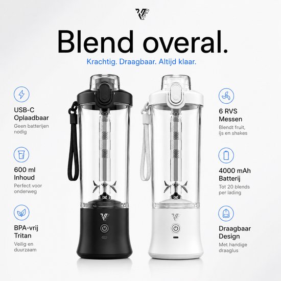 Vipes® - Draagbare oplaadbare Blender - 600ML - Wit - 6 Messen - 4000mAh - LED-verlichting - Portable - Blender to go - Mini Juicer - Smoothie Maker - Draadloos - Ideaal voor Shakes, Smoothies en Meer - Geschikt voor Reizen, Kantoor en Sport van Vipes — afbeelding 4