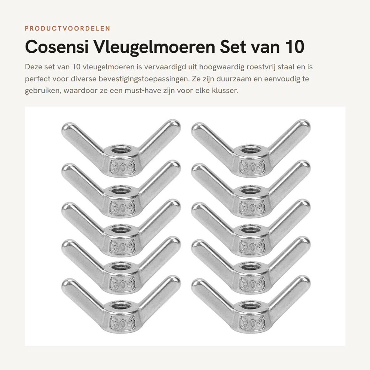 Dailygoods- Vleugelmoeren 10 stuks - Roestvrij Stalen Moeren - Bevestigingsaccessoire - Draad Binnendiameter 8 mm - Schroefafstand 1,25 mm - Duurzaam en Corrosiebestendig