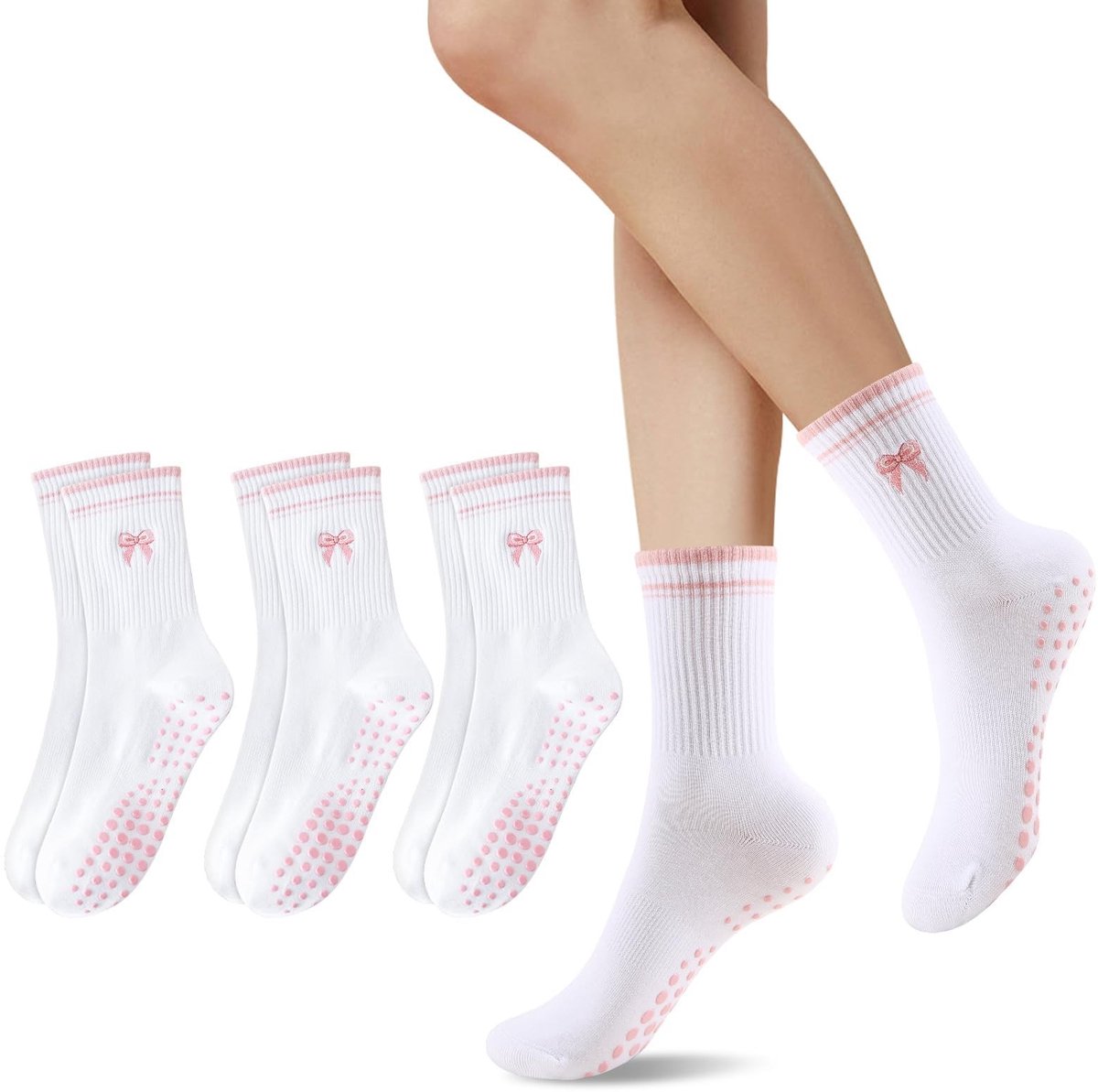 Dailygoods- Pilates Sokken Antislip - Set van 3 - Strikontwerp - Katoen - Geschikt voor Yoga - Uitstekende Grip - Yogasokken
