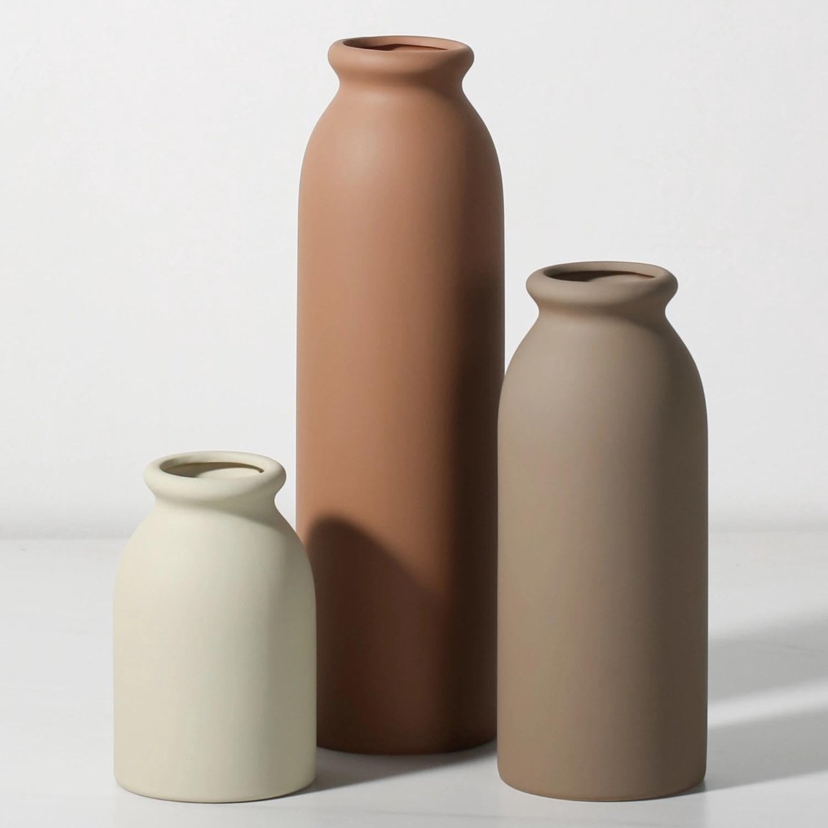 Dailygoods- Vazenset 3-delig - Keramisch - Decoratieve Flesvorm - Minimalistisch - Aardetinten - Elegante Matte Afwerking - Bloemenvazen