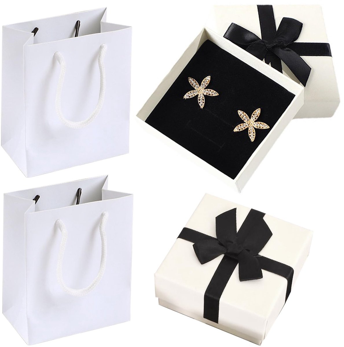 Dailygoods- Geschenkdoos Met Deksel - 2 Stuks Kleine Geschenkdozen - 7,5 x 7,5 x 3,5 cm - Inclusief Geschenkzakjes - Met Strik - Voor Sieraden - Sieradendoos