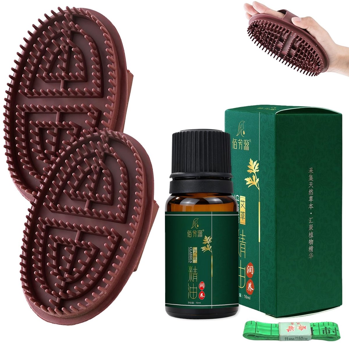 Dailygoods- Massageborstel Ergonomisch Ontworpen - Massageborstel Hoofdhuid - Massageborstel Lichaam - Etherische Olie 10 ml - Meetlint 1,5 meter - Stimuleert Meridianen - Massagetool