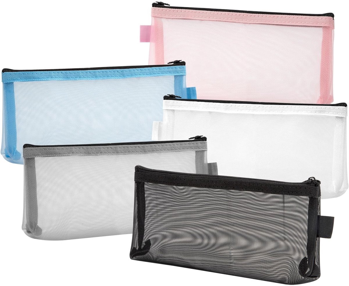 Dailygoods- Pennenetui 5 stuks - Mesh-etui met ritssluiting - Make-up tas - Organizer voor school/kantoor - Opbergzak voor reizen - Duurzaam netweefsel - Make-uptas