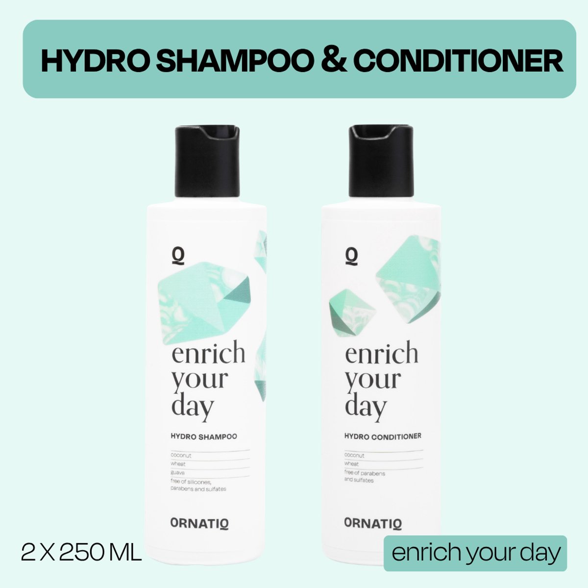 Ornatiq Shampoo + Conditioner - set van 2 - Hydraterende Shampoo - Hydraterende Conditioner - Hydro- voor droog & pluizig haar - Herstellende Keratine behandeling - 250ml