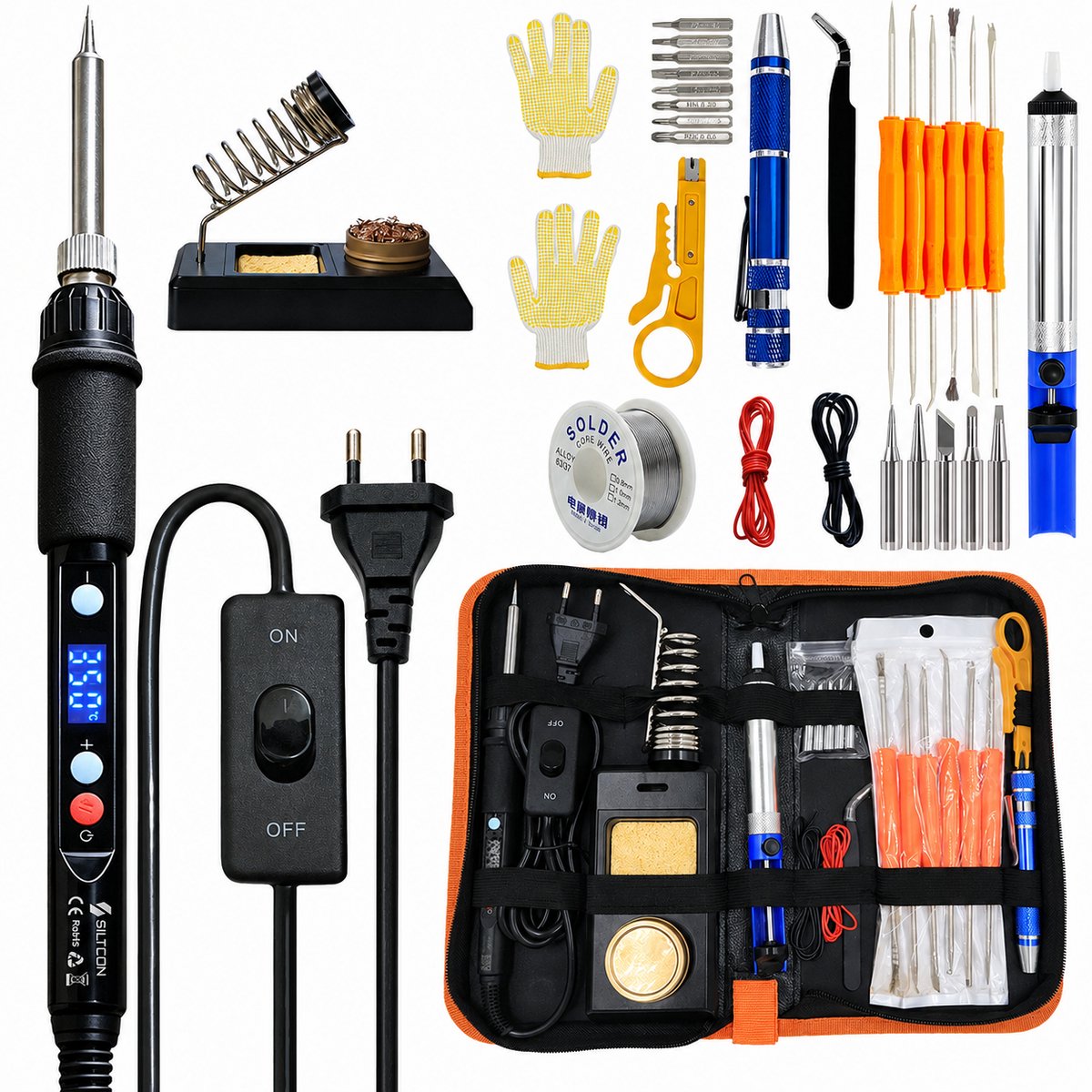 Siltcon® 3 in 1 Soldeerbout Set 60-80W - Verstelbaar 180-520°C – Houtbrander Set met Digitaal Display – Pyrografie – Inc. Soldeertin - Desoldeerpomp, Soldeerdraad, Koperen Tips & Handschoenen – 55-delig – Proffesioneel voor Solderen en Houtbranden