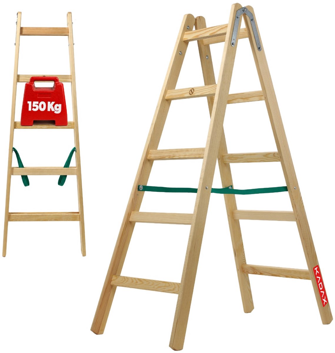 KADAX Houten ladder, bokladder tot 150 kg, opvouwbare schilderladder, dubbele trap ladder met stalen haken, elektricienieladder, staande ladder, huishoudladder (5 treden)