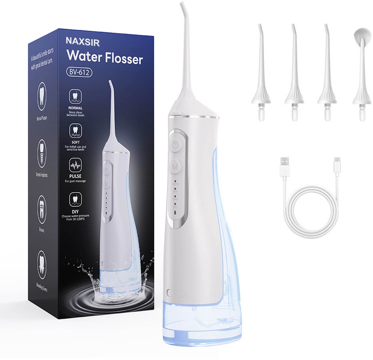 Draadloze Waterflosser – Flosapparaat - Monddouche - 4 Modi, 4 Opzetstukken – 320ml Tank & 20 Dagen Batterij