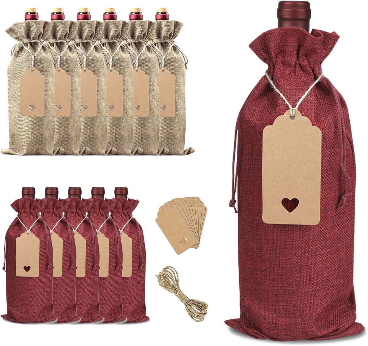 Herbruikbare Jute Wijnzakken met Labels en Touwsluiting - Set van 12 Wijn Cadeauzakken voor Flessen en Geschenken