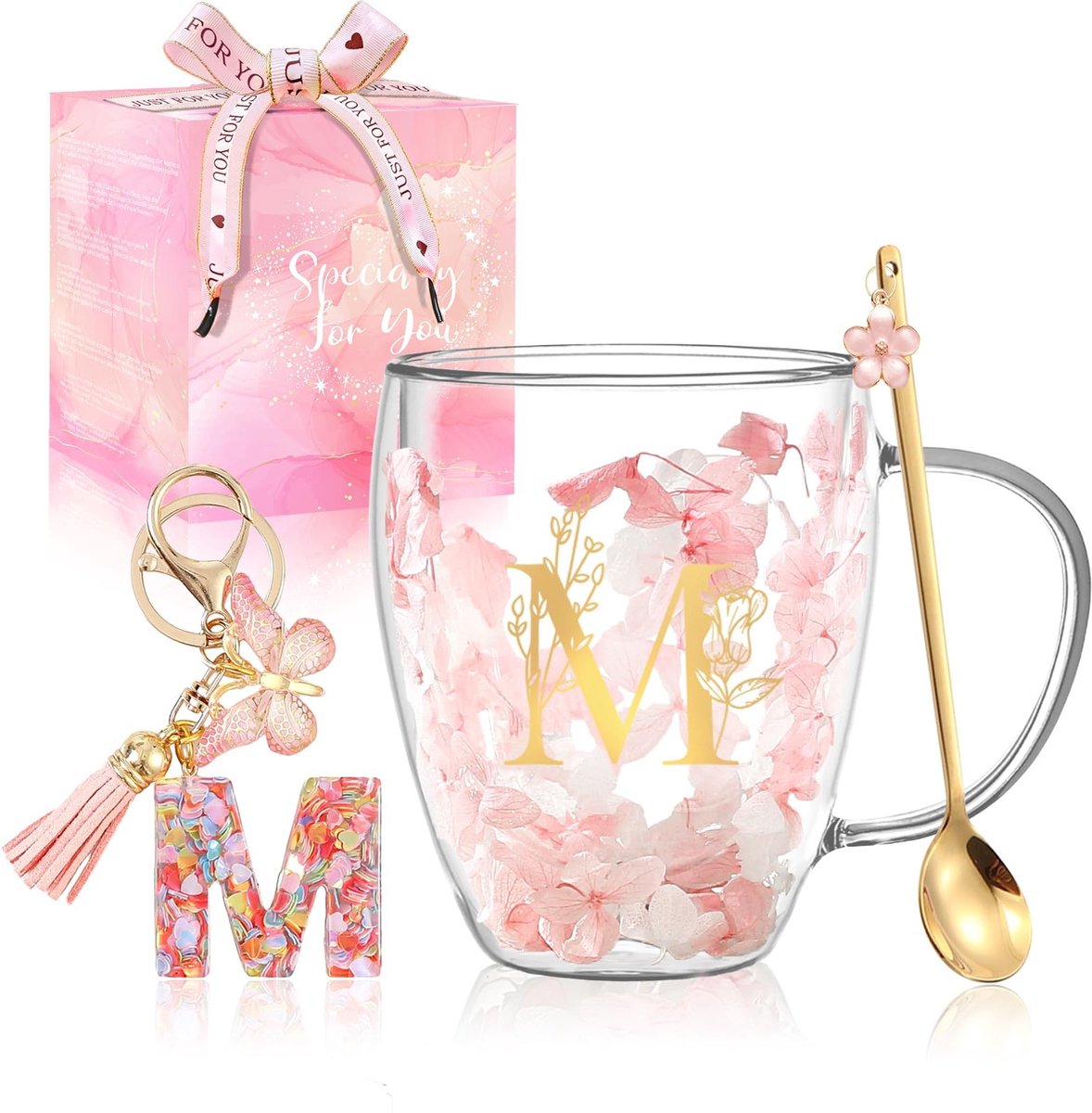Dailygoods- Koffiemok Dubbelwandig - Borosilicaatglas - Hittebestendig - Isolatiebeker - Gedroogde Bloemen - Personaliseerbaar - Glazen Mok