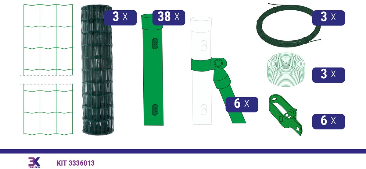KIT 117 tuindraad +palen +accessoires, lengte 75m, hoogte 122cm, kleur groen RAL6005