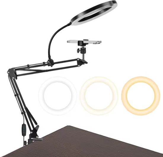 Foto: Led ringlamp 16 cm met telefoonhouder en zwenkarm dimbare ring light met bureauklem 3 kleurtemperaturen voor video opnames tiktok youtube en streaming