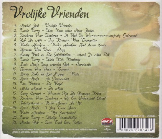 Albumhoes met titel 'Vrolijke Vrienden' en een lijst van 21 liedjes.