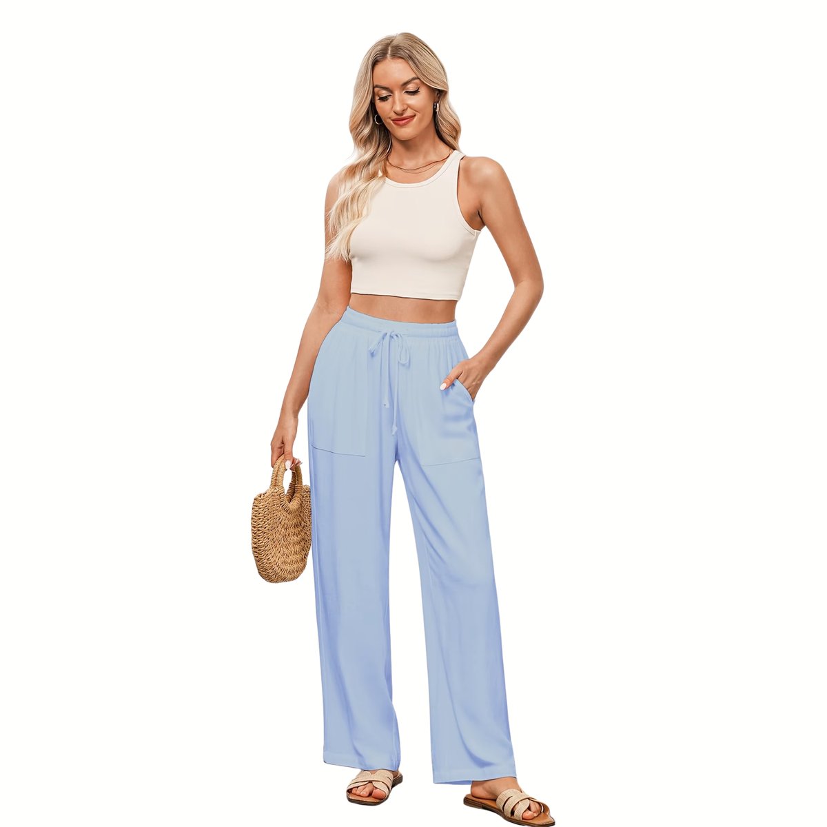 Currero Linnen Broek Dames - Zomerbroek - Volwassenen - Lange Broek - Pantalon - Strandbroek - Zomer - Ibiza Stijl - Lichtcyaan S