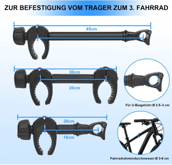 Zilveren Framehouder Set Fietsendrager (3 Stuks) - Afsluitbaar - 25/32/45 cm - Voor 1e, 2e en 3e Fiets - Universele Fietsklem Caravan & Camper — afbeelding 3