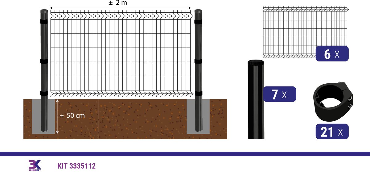 KIT 32 draadpaneel + palen en klemmen, lengte 12m, hoogte 123cm, kleur zwart RAL 9005