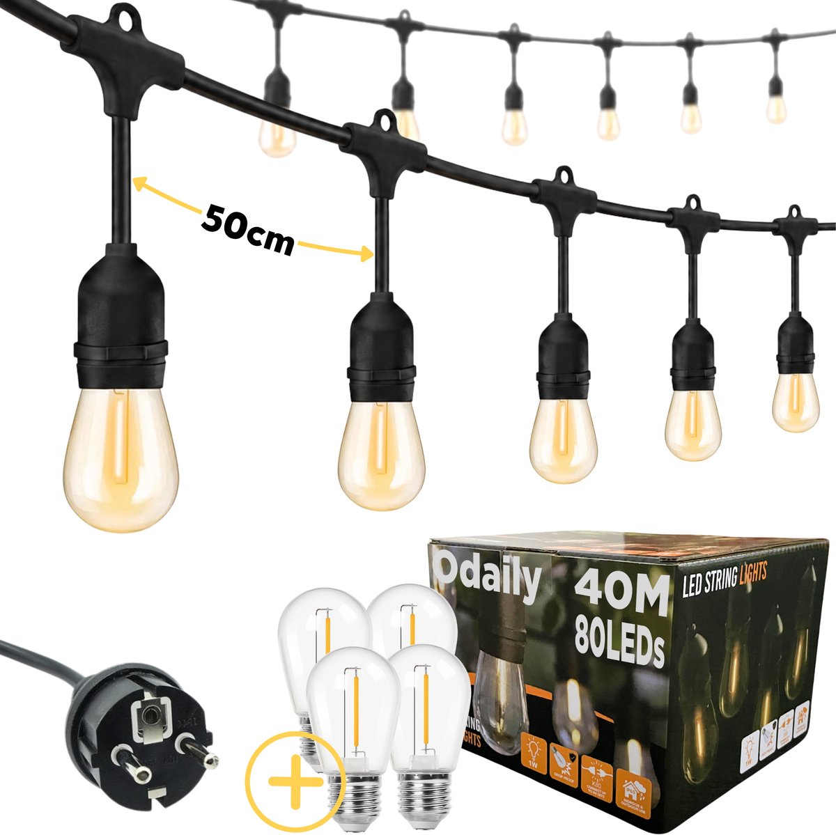 Odaily Lichtsnoer voor Buiten - 40 Meter - 80 LED Lampen - Warm Wit Licht - IP65 - Horecakwaliteit