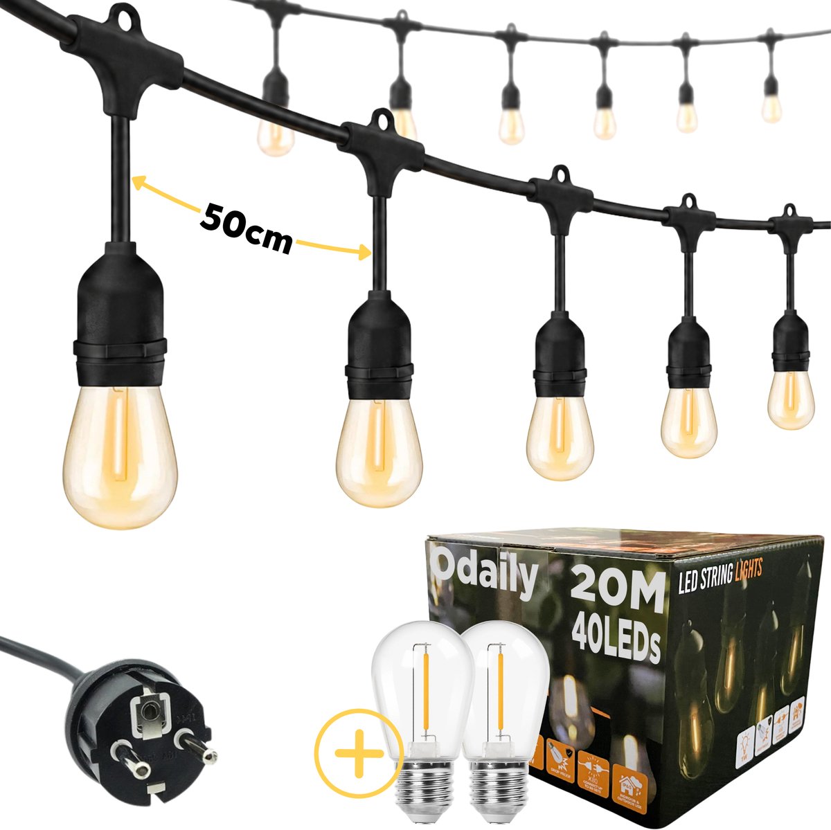 Odaily Lichtsnoer voor Buiten - 20 Meter - 40 LED Lampen - Warm Wit Licht - IP65 - Horecakwaliteit