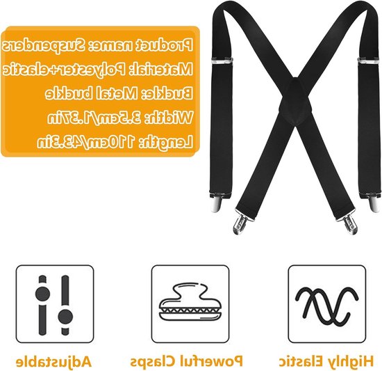 Verstelbare Zwarte X-Vormige Mannen Banden van 3.5 cm Breed met 4 Sterke Metalen Clips en Elastisch Ontwerp voor Comfort en Stijl — afbeelding 5