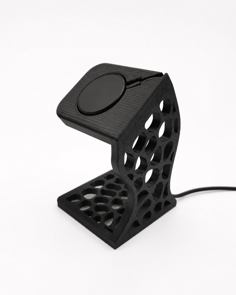 Skushy Apple Watch Oplaadstandaard Voronoi Design - Apple Watch Houder - Laadstation - Nachtkastje Dock - Bureau Docking Station - Oplaadhouder - Kabel Organizer - Magnetische Oplader Houder - Smartwatch Stand - Zwart