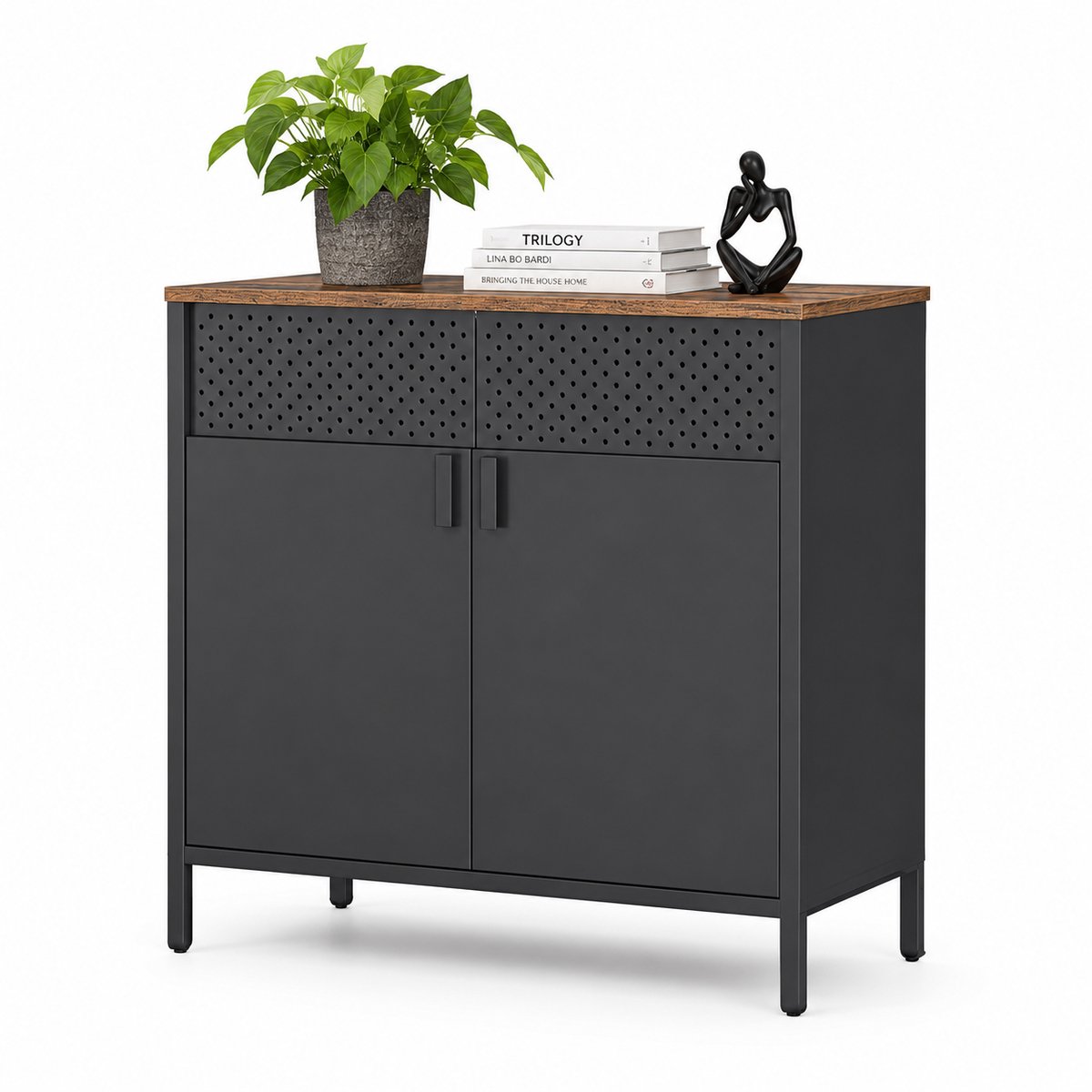 Home & Beyond® Opbergkast Industrieel - Metalen Kast met Verstelbare Plank - 80 x 40 x 76 cm - Dressoirkast met Dubbele Deuren - Zwart/Rustiek Bruin