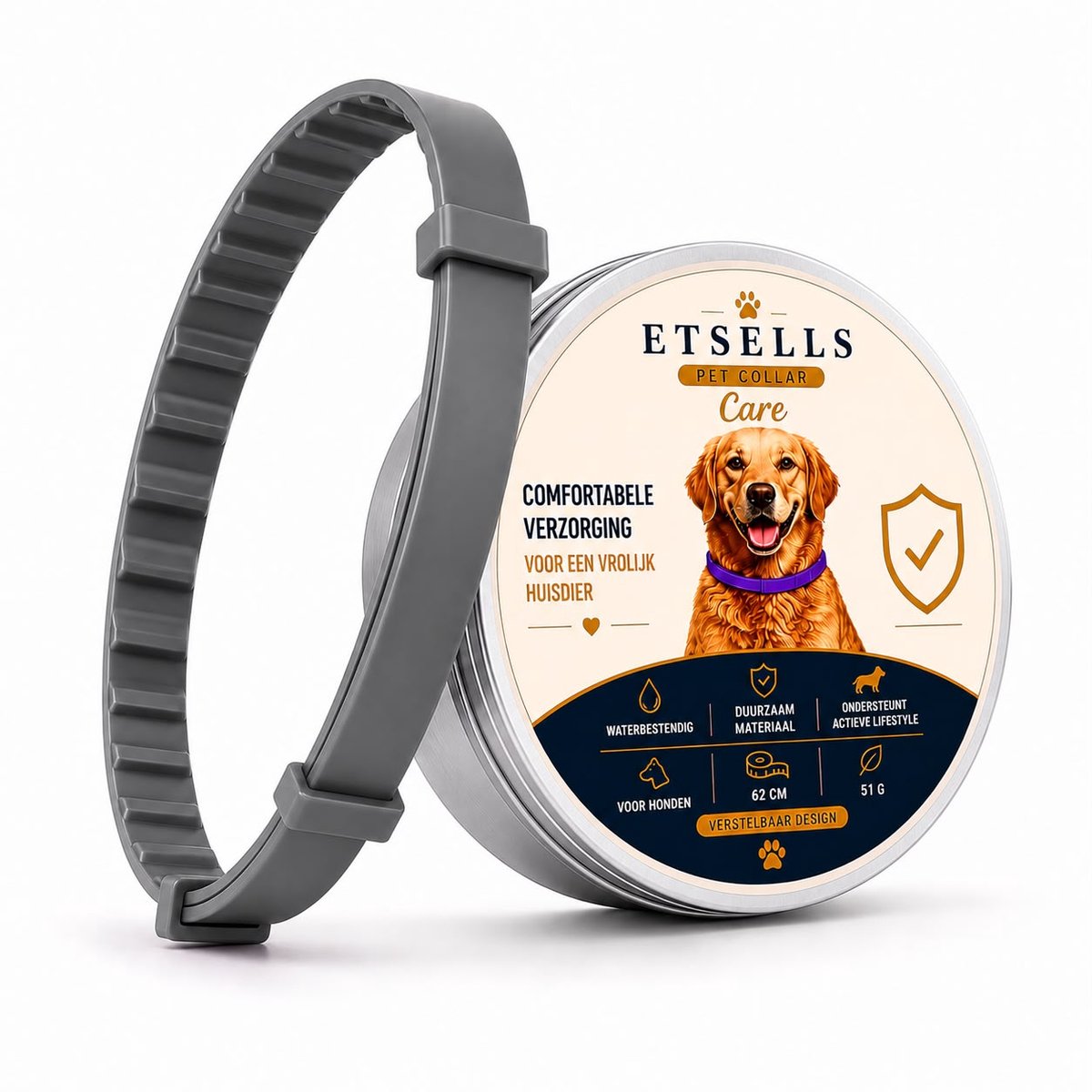 ETSELLS Halsband Hond Grijs – Verstelbare Hondenhalsband tot 62 cm – Waterbestendig, Lichtgewicht en Duurzaam – Inclusief Verzorgingskam