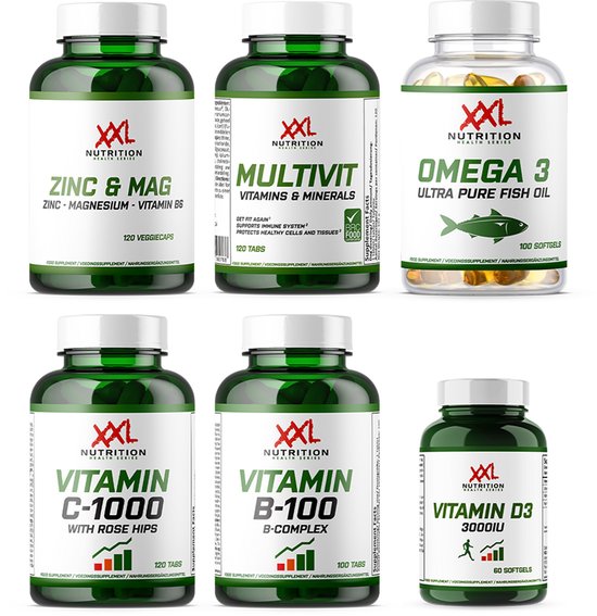Zes flessen voedingssupplementen van XXL Nutrition: Zink & Mag, Multivit, Omega 3, Vitamine C-1000, Vitamine B-Complex en Vitamine D3 3000IU.