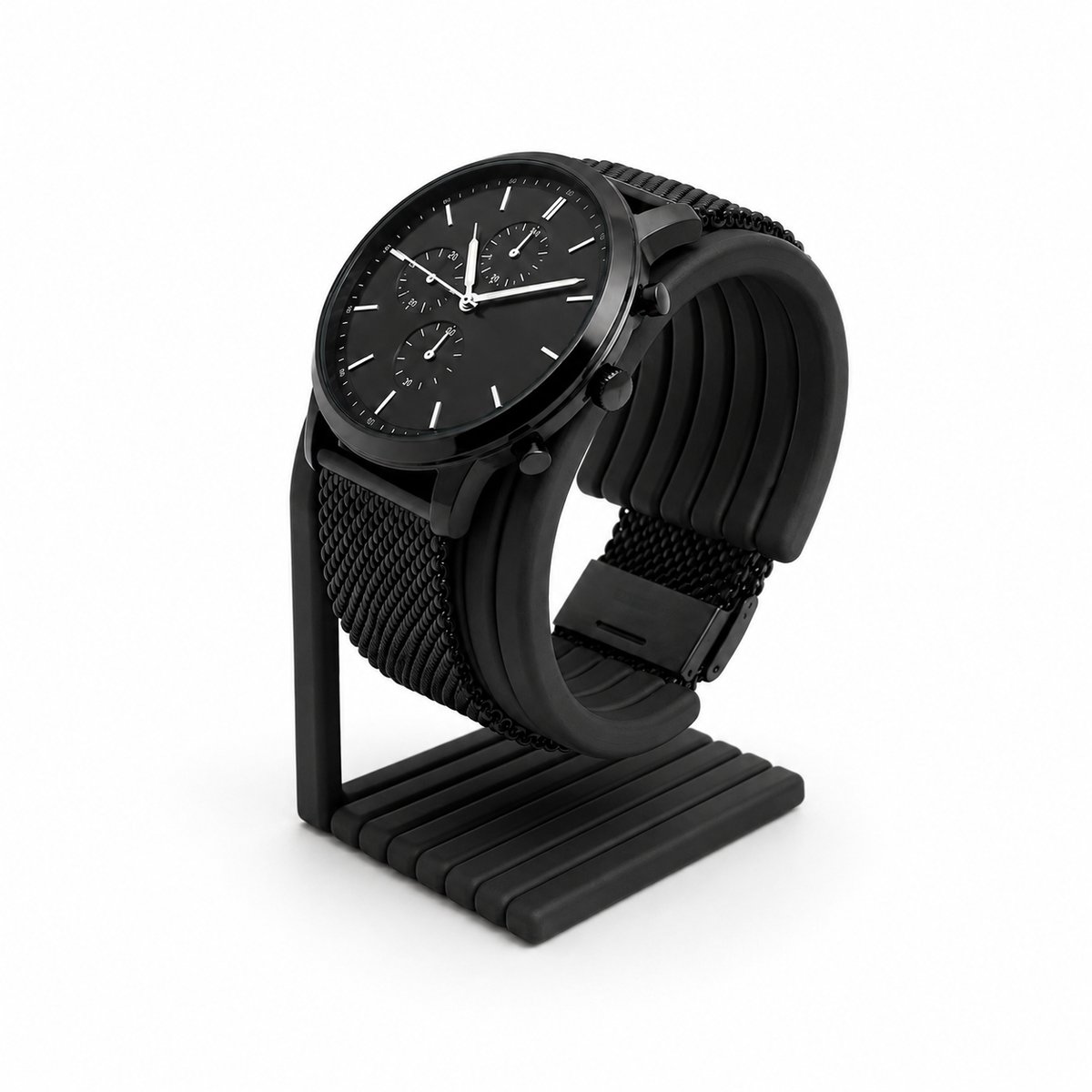 Skushy Horlogestandaard Luxe Ribbel Design - Horloge Houder - Premium Horloge Display - Armbandhorloge Standaard - Watch Stand - Sieraden Organizer - Bureau Accessoire - Nachtkastje Decoratie - Zwart