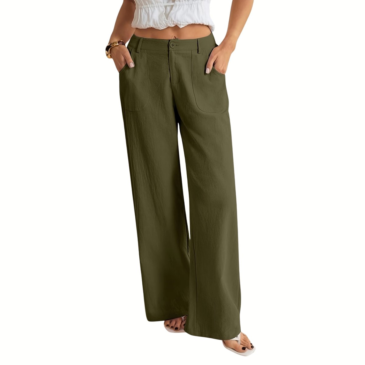 Currero Linnen Broek Dames Zomerbroek Volwassenen Lange Broek Pantalon Strandbroek Zomer Ibiza Stijl Legergroen