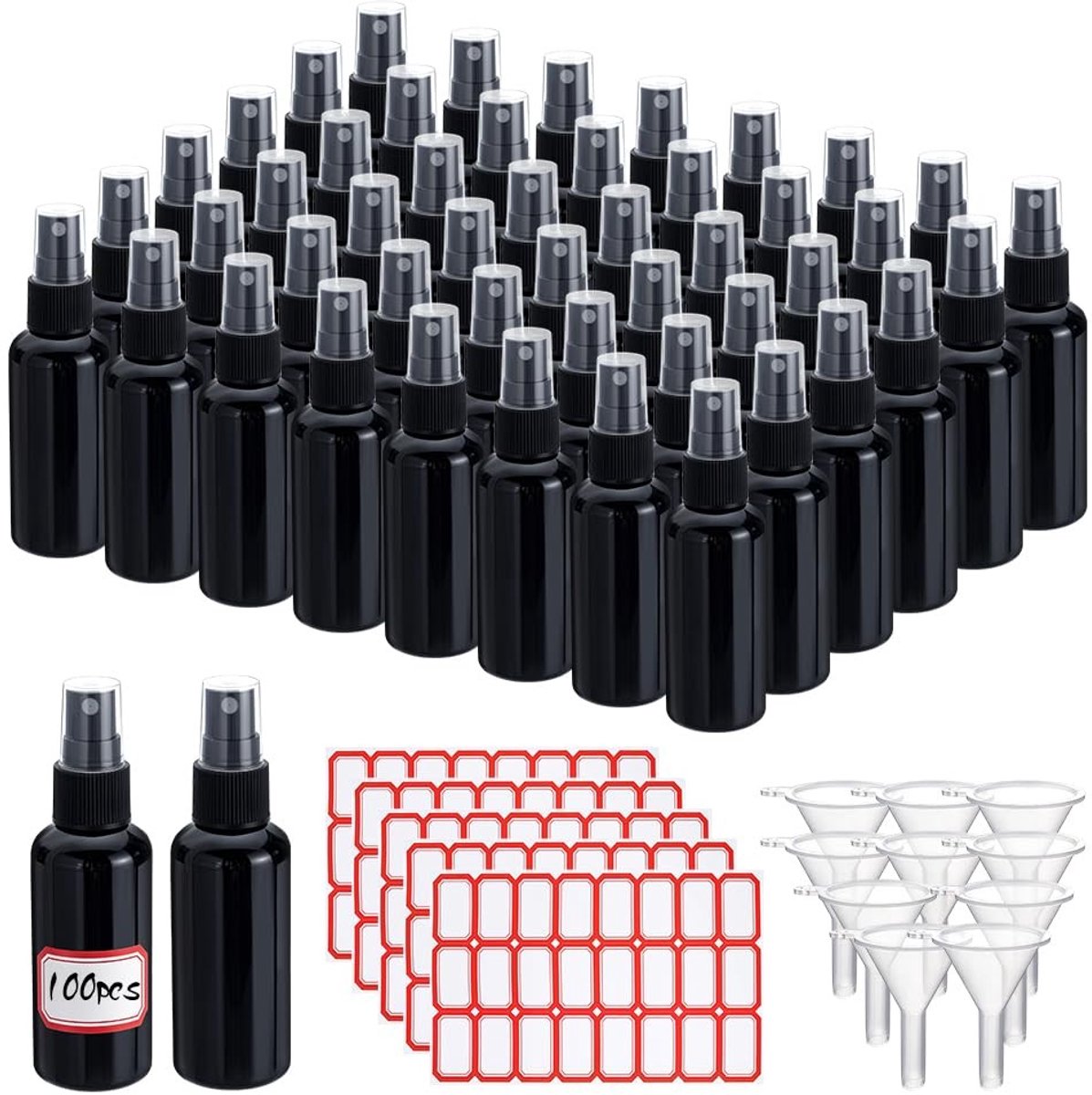 Dailygoods- Spuitflessen 100 stuks - 2 oz/60 ml Plastic - Navulbare Reisflessen - Inclusief 10 Trechters - 120 Etiketten - Perfect voor Organiseren - Reisinjector