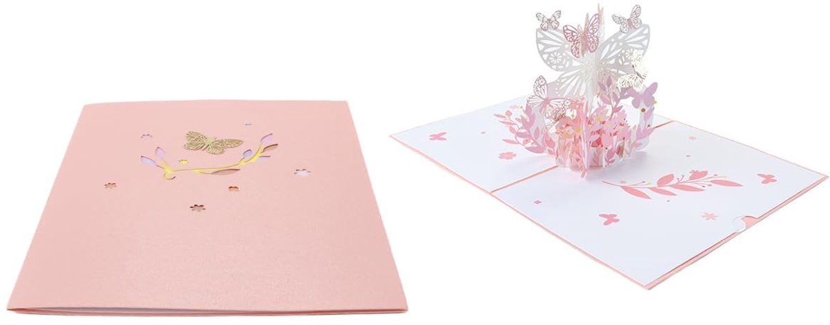 Dailygoods- Pop-upkaart met vlinderbloem - 3D kaart - Verjaardagskaart - Cadeauset met envelop - Roze - 15,5 x 13 cm