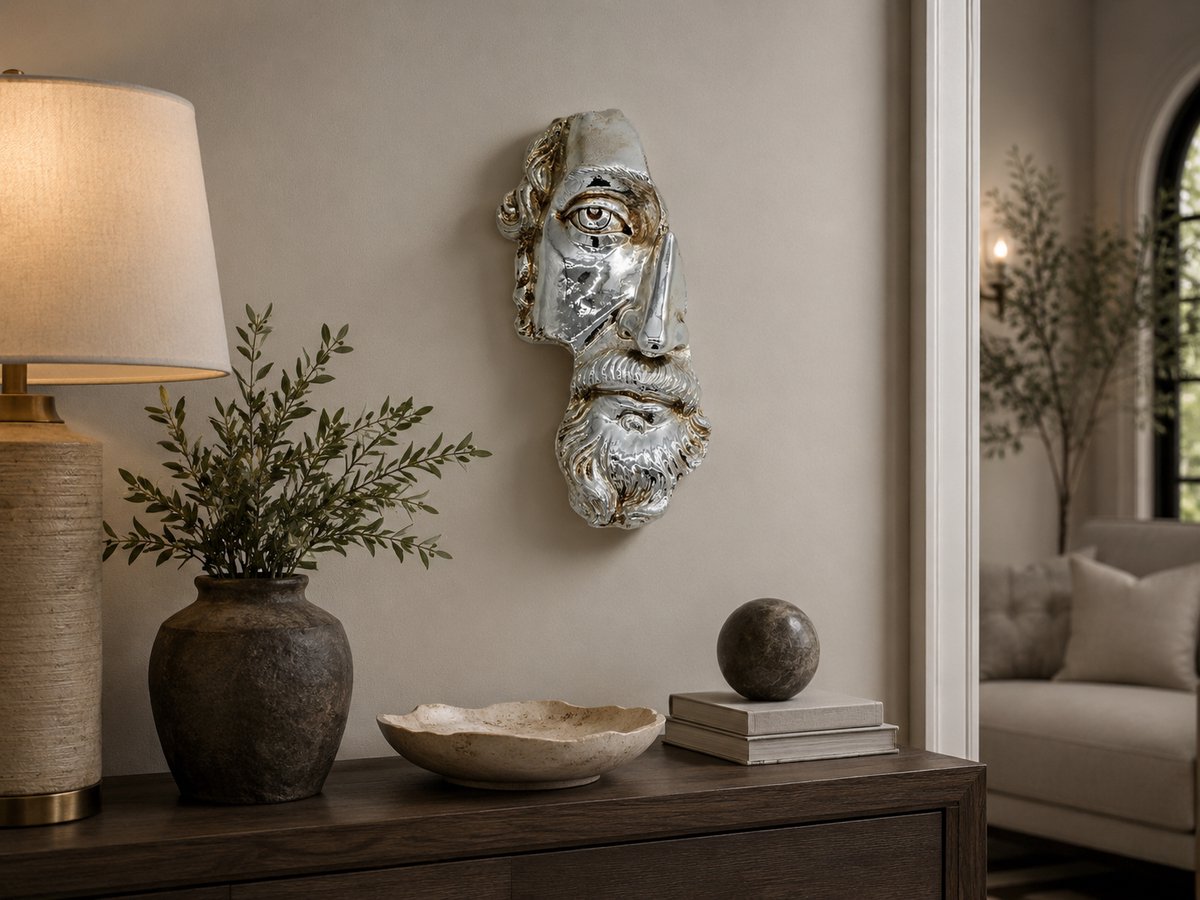 Decoratief Wandmasker Herengezicht Zilver – Abstract Gezicht Masker 29,5 x 12,5 x 8 cm – Luxe Wanddecoratie / Kunstbeeld / Wandornament – Polyresin Muurdecoratie voor Woonkamer, Hal, Kantoor, Slaapkamer, Galerie & Modern Interieur