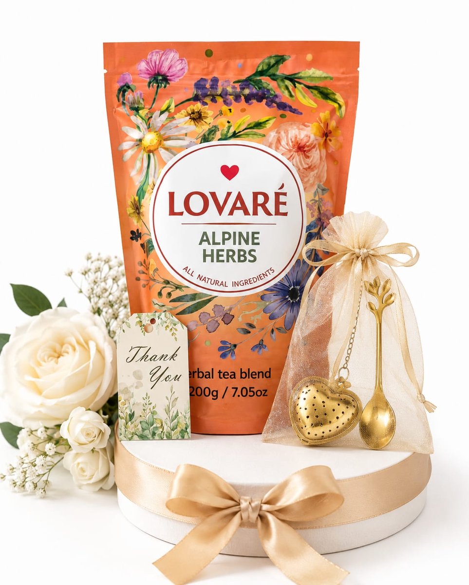 Lovaré Alpine Herbs Luxe Theeset – 200g Losse Kruidenthee + Gouden Hart Thee-ei + Gouden Lepel