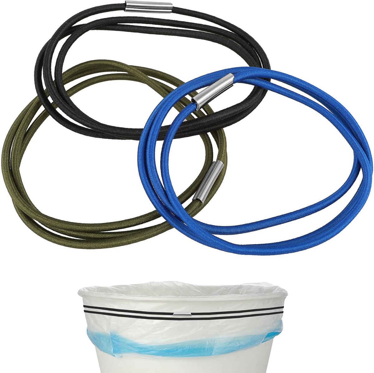 Dailygoods- Elastieken Set van 3 - Verstelbare Rubberbanden - Geschikt voor 13-30 Gallon Vuilnisbak - Duurzame Zakhouder - Kleur: Zwart/Saffierblauw/Militair Groen - Sterke Elasticiteit - Prullenbakbanden