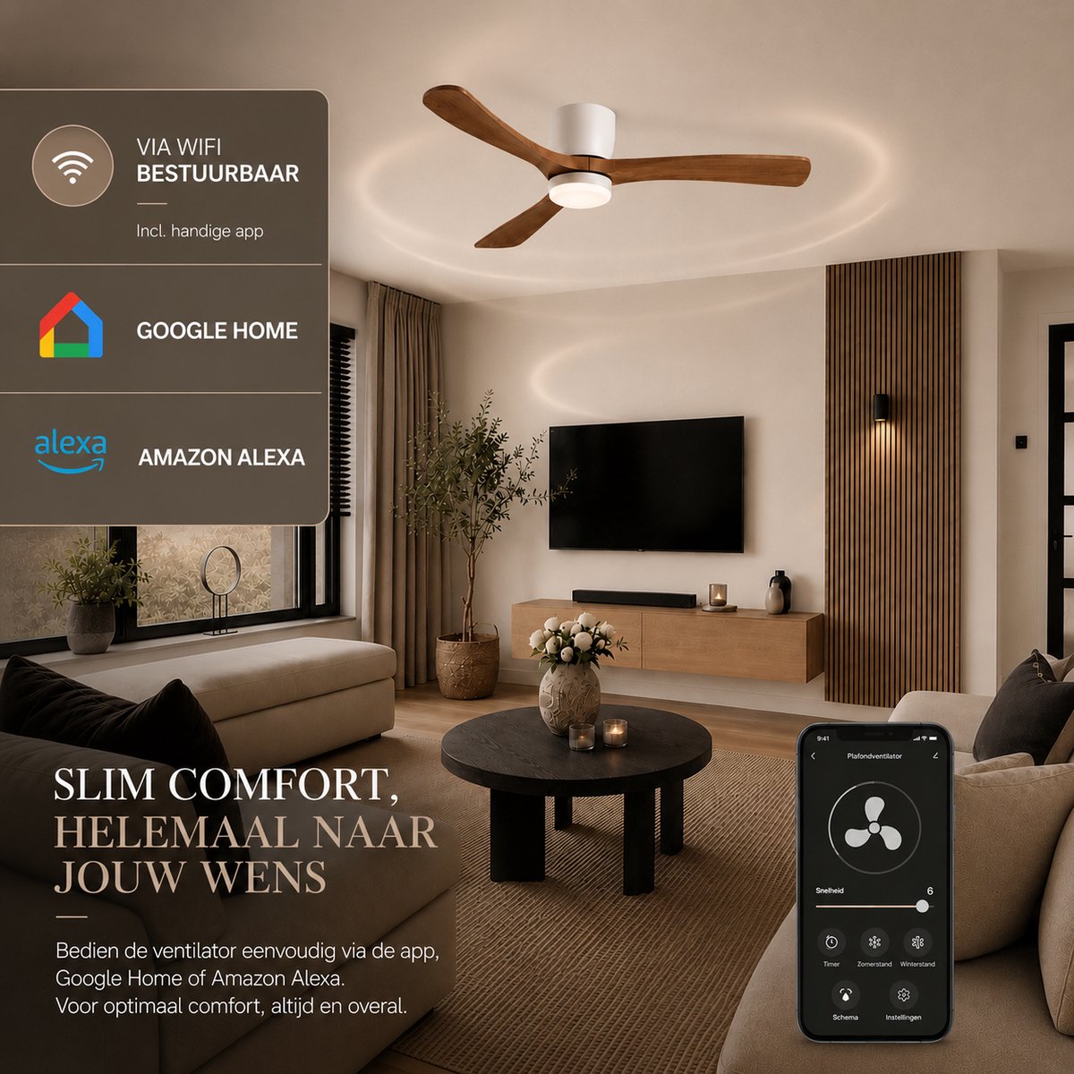 Smart Smart Plafondventilator Wit + Hout 132cm - App & Dimverlichting thumbnail 3