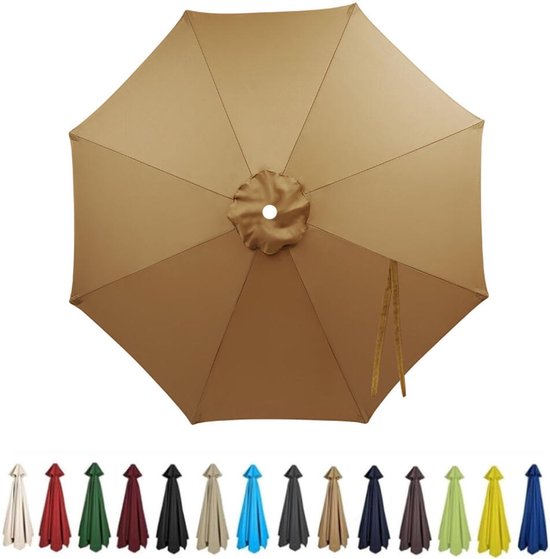 Een ronde, platte, kaki parasol, bekeken van bovenaf. Eronder een rij met kleuren van parasoldoeken.